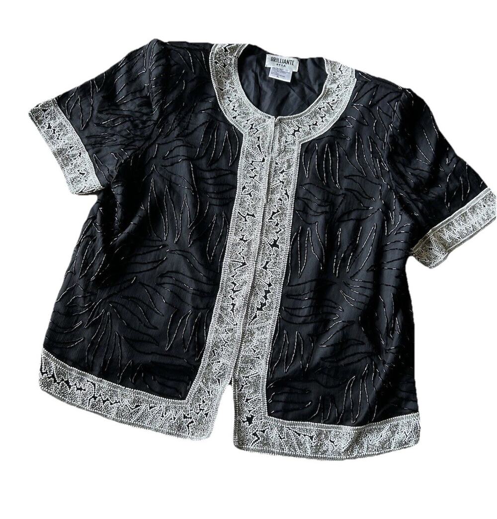 Vintage Brilliante J.A. Silk Beaded Sequin Jacket Womens XL Black Evening